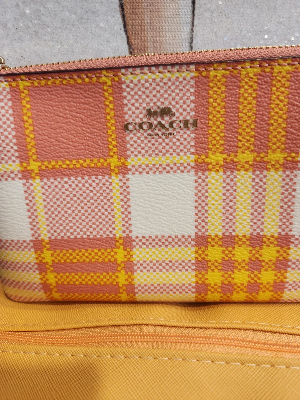 Coach Plaid Zip Pouch in Coral, Yellow and White - Picture 4 of 14
